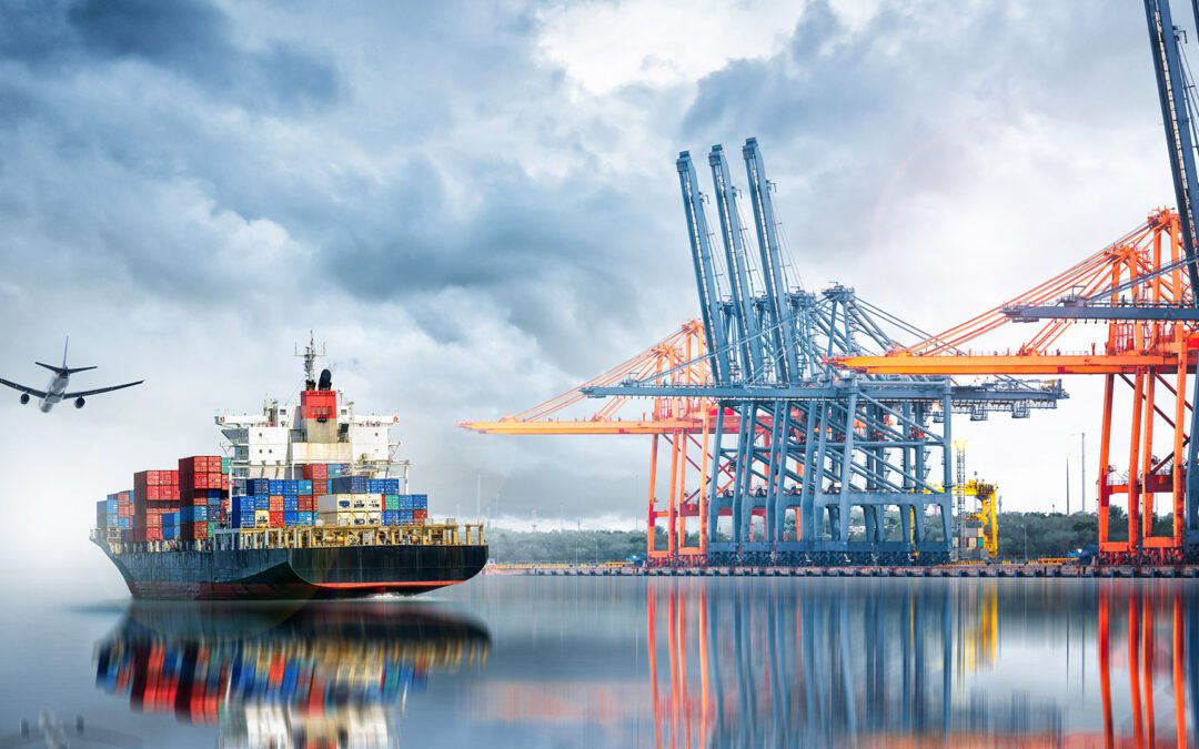 Container Cargo ship and Cargo plane with working crane bridge in seaport , logistic import export background and transport industry.