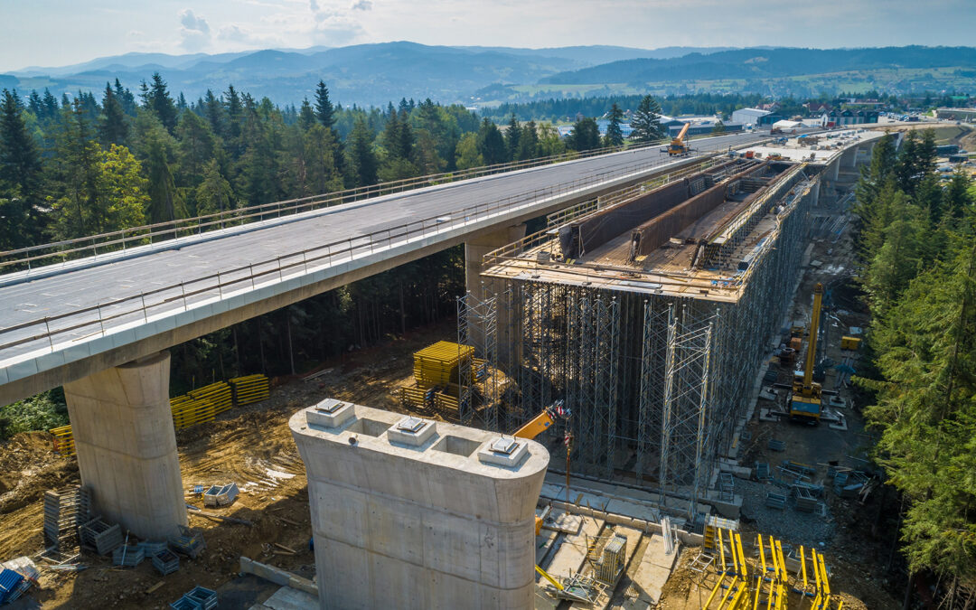 Aerial drone view on highway road under construction. Construction of the viaduct on the national road number 7 in Poland